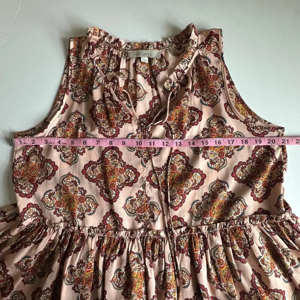 LOFT Peplum Tank Womens Medium Pink Medallion Satin Tiered Babydoll Ruffled Top